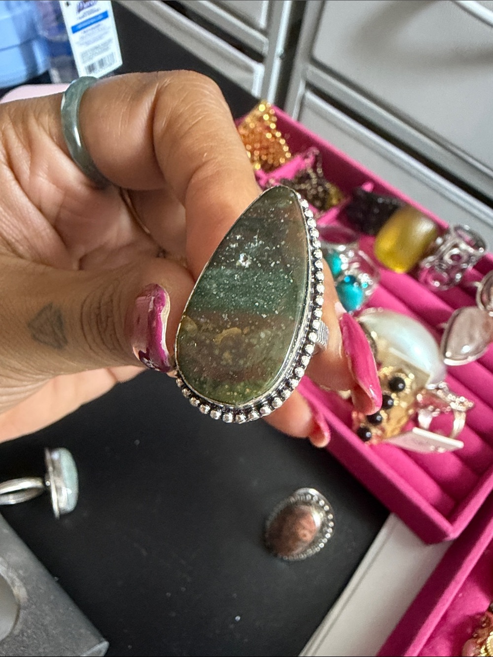 925 Green Teardrop Stone Statement Ring - Women Jewelry